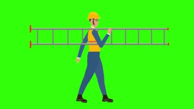 İşçi Adam karakter çalışanı yeşil ekran döngüsünde, omuz animasyonunda merdivenle yürüyor