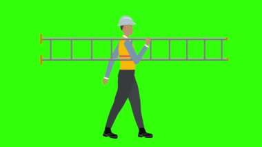 İşçi Adam karakter çalışanı yeşil ekran döngüsünde, omuz animasyonunda merdivenle yürüyor