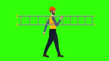 İşçi Adam karakter çalışanı yeşil ekran döngüsünde, omuz animasyonunda merdivenle yürüyor