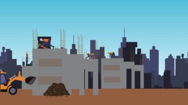 Şehrin kıyısındaki inşaat alanlarının animasyonu