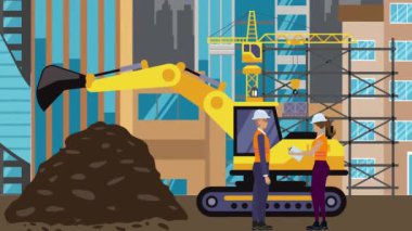 İnşaat alanı, şehrin sınırında mühendisler ve inşa makineleriyle çalışıyor.