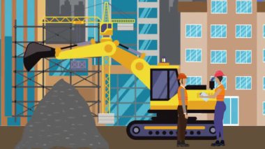 İnşaat alanı, şehrin sınırında mühendisler ve inşa makineleriyle çalışıyor.