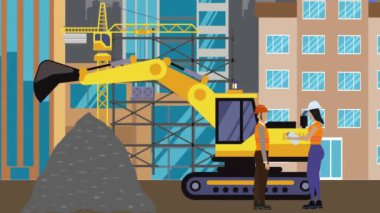 İnşaat alanı, şehrin sınırında mühendisler ve inşa makineleriyle çalışıyor.