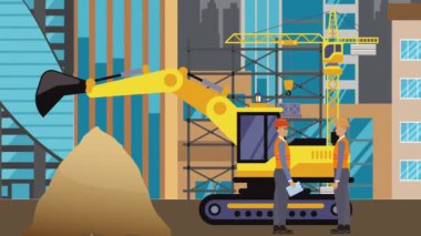 İnşaat alanı, şehrin sınırında mühendisler ve inşa makineleriyle çalışıyor.