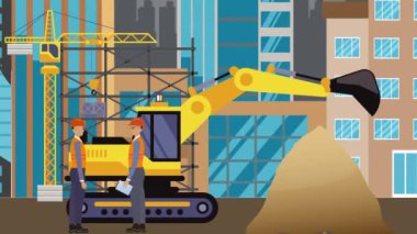 İnşaat alanı, şehrin sınırında mühendisler ve inşa makineleriyle çalışıyor.