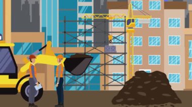 İnşaat alanı, şehrin sınırında mühendisler ve inşa makineleriyle çalışıyor.