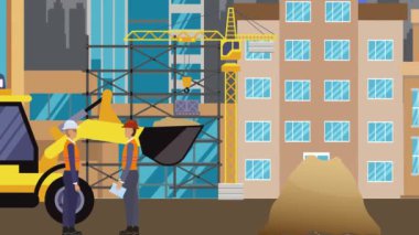 İnşaat alanı, şehrin sınırında mühendisler ve inşa makineleriyle çalışıyor.