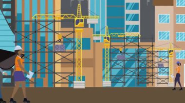 İnşaat alanı, şehrin sınırında mühendisler ve inşa makineleriyle çalışıyor.