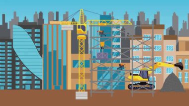 İnşaat alanı, şehrin sınırında mühendisler ve inşa makineleriyle çalışıyor.