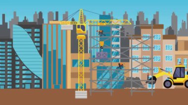 İnşaat alanı, şehrin sınırında mühendisler ve inşa makineleriyle çalışıyor.