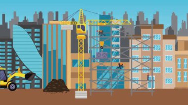 İnşaat alanı, şehrin sınırında mühendisler ve inşa makineleriyle çalışıyor.