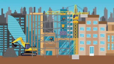 İnşaat alanı, şehrin sınırında mühendisler ve inşa makineleriyle çalışıyor.