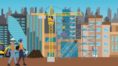 İnşaat alanı, şehrin sınırında mühendisler ve inşa makineleriyle çalışıyor.