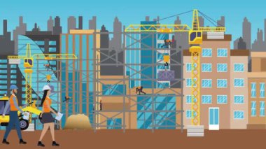 İnşaat alanı, şehrin sınırında mühendisler ve inşa makineleriyle çalışıyor.