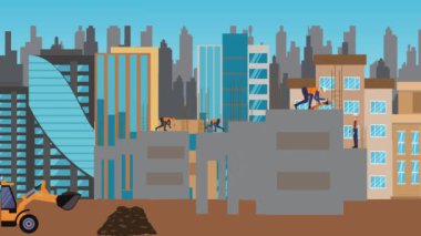 İnşaat alanı, şehrin sınırında mühendisler ve inşa makineleriyle çalışıyor.