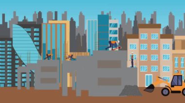 İnşaat alanı, şehrin sınırında mühendisler ve inşa makineleriyle çalışıyor.