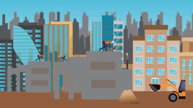 İnşaat alanı, şehrin sınırında mühendisler ve inşa makineleriyle çalışıyor.