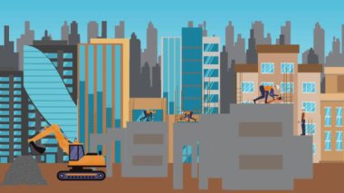 İnşaat alanı, şehrin sınırında mühendisler ve inşa makineleriyle çalışıyor.