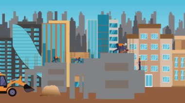 İnşaat alanı, şehrin sınırında mühendisler ve inşa makineleriyle çalışıyor.