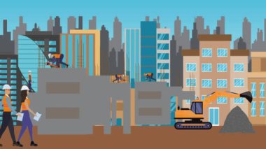 İnşaat alanı, şehrin sınırında mühendisler ve inşa makineleriyle çalışıyor.