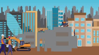 İnşaat alanı, şehrin sınırında mühendisler ve inşa makineleriyle çalışıyor.