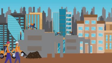 İnşaat alanı, şehrin sınırında mühendisler ve inşa makineleriyle çalışıyor.