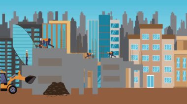 İnşaat alanı, şehrin sınırında mühendisler ve inşa makineleriyle çalışıyor.