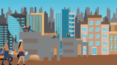 İnşaat alanı, şehrin sınırında mühendisler ve inşa makineleriyle çalışıyor.