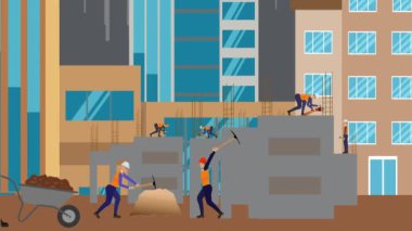 İnşaat alanı, şehrin sınırında mühendisler ve inşa makineleriyle çalışıyor.