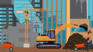 İnşaat alanı, şehrin sınırında mühendisler ve inşa makineleriyle çalışıyor.