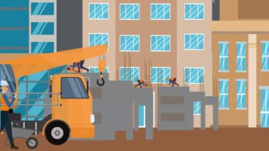 İnşaat alanı, şehrin sınırında mühendisler ve inşa makineleriyle çalışıyor.