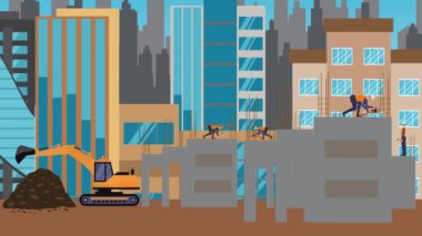 İnşaat alanı, şehrin sınırında mühendisler ve inşa makineleriyle çalışıyor.