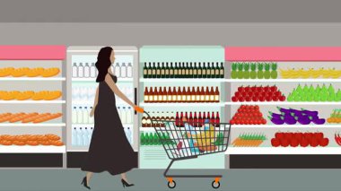 Hipermarkette yürüyen ve alışveriş yapan insanların olduğu çizgi film animasyonu