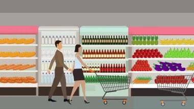 Hipermarkette yürüyen ve alışveriş yapan insanların olduğu çizgi film animasyonu