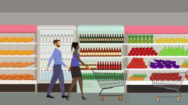 Hipermarkette yürüyen ve alışveriş yapan insanların olduğu çizgi film animasyonu