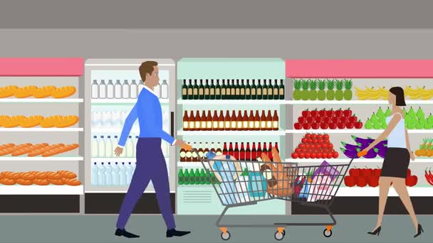 Мультфильм анимация с людьми ходить и делать покупки в гипермаркете