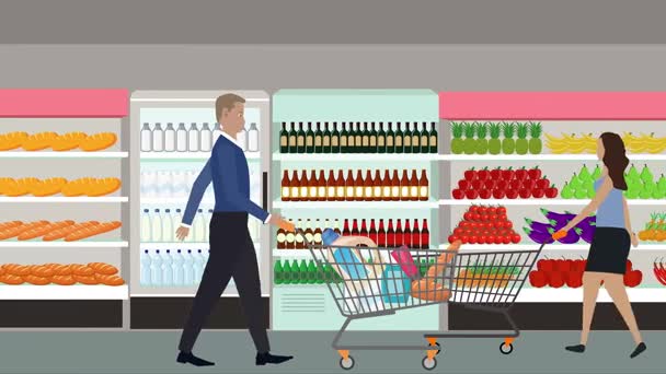 Мультфильм анимация с людьми ходить и делать покупки в гипермаркете