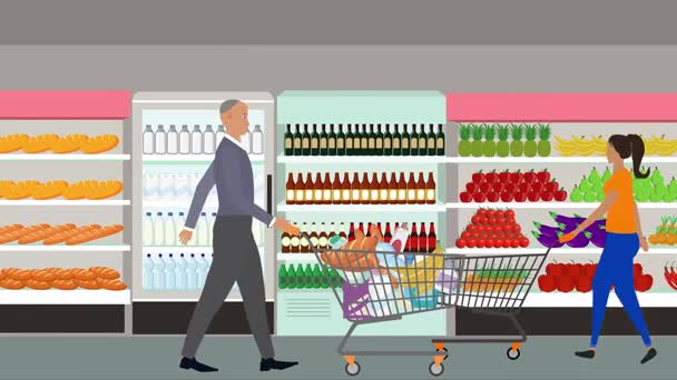 Мультфильм анимация с людьми ходить и делать покупки в гипермаркете