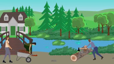 Bahçıvanlık yapan insanlar, kırsal alan animasyonları.