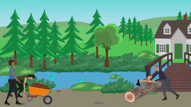Bahçıvanlık yapan insanlar, kırsal alan animasyonları.