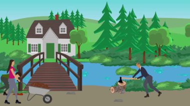 Bahçıvanlık yapan insanlar, kırsal alan animasyonları.