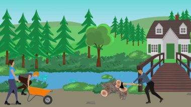 Bahçıvanlık yapan insanlar, kırsal alan animasyonları.