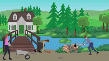 Bahçıvanlık yapan insanlar, kırsal alan animasyonları.