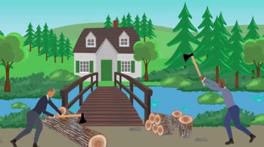 Bahçıvanlık yapan insanlar, kırsal alan animasyonları.