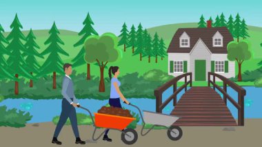 Bahçıvanlık yapan insanlar, kırsal alan animasyonları.