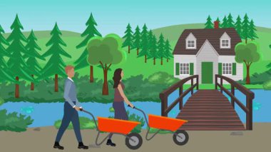 Bahçıvanlık yapan insanlar, kırsal alan animasyonları.