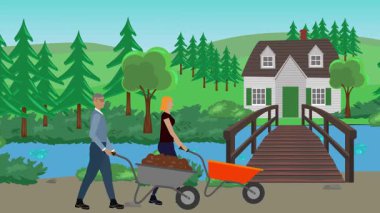 Bahçıvanlık yapan insanlar, kırsal alan animasyonları.