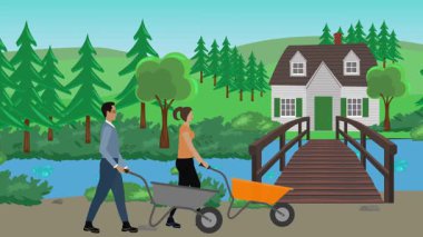 Bahçıvanlık yapan insanlar, kırsal alan animasyonları.