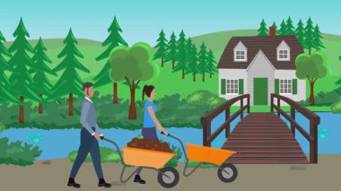 Bahçıvanlık yapan insanlar, kırsal alan animasyonları.