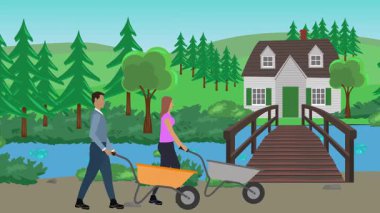 Bahçıvanlık yapan insanlar, kırsal alan animasyonları.